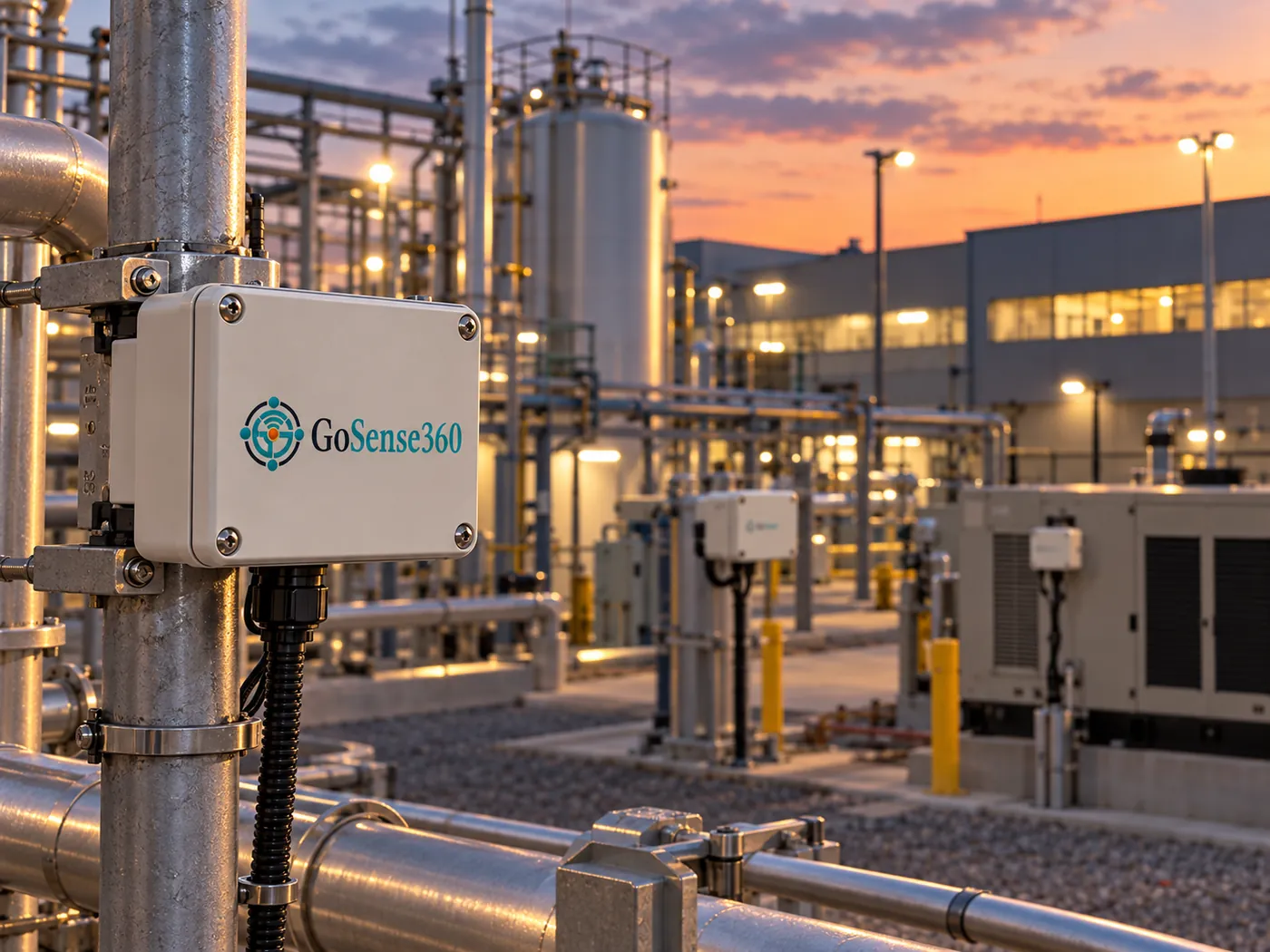 GoSense360 sensor enclosure mounted on a pipe support in an industrial plant at dusk, with more units on equipment behind it